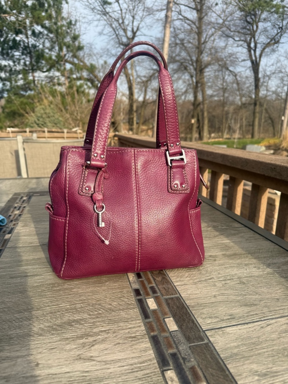 💜Fossil Pebbled Leather Tote in Berry💜